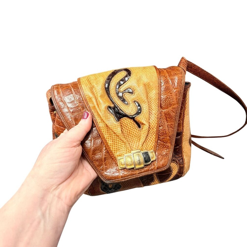 Sharif Vintage Leather Crossbody Bag Snakeskin Croc Embossed Brown USA Retro - Picture 15 of 16